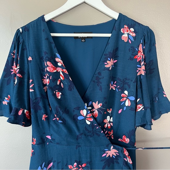 Lulu’s Teal Blue Floral Wrap Mini Dress large flatter wedding guest date night - Picture 6 of 8